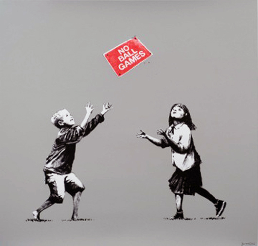 Street artist Banksy’s 'No Ball Games,' a signed screenprint of 2009, on sale with Dominic Guerrini at the 20/21 British Art Fair. Image courtesy Dominic Guerrini and 20/21 British Art Fair.